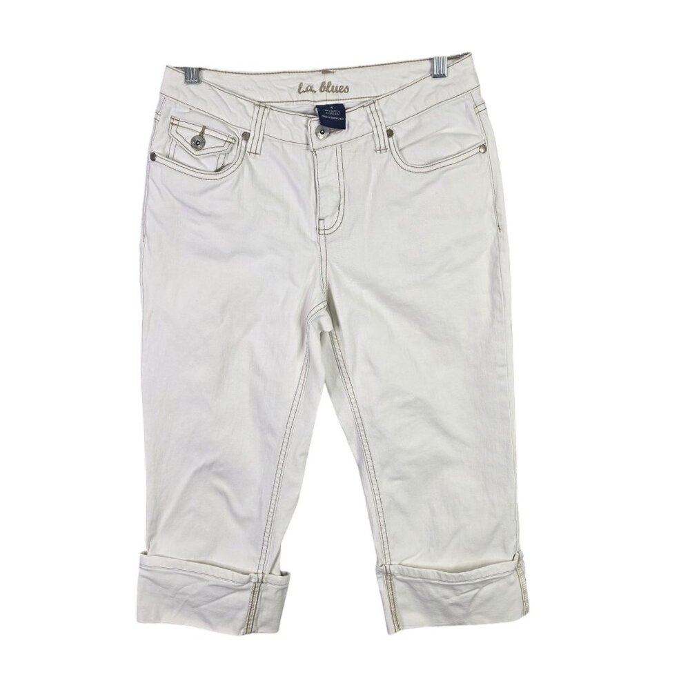 Womens L.A. Blues Ivory Denim Capri Pants Rolled Hem Mid Rise Cotton Stretch 6